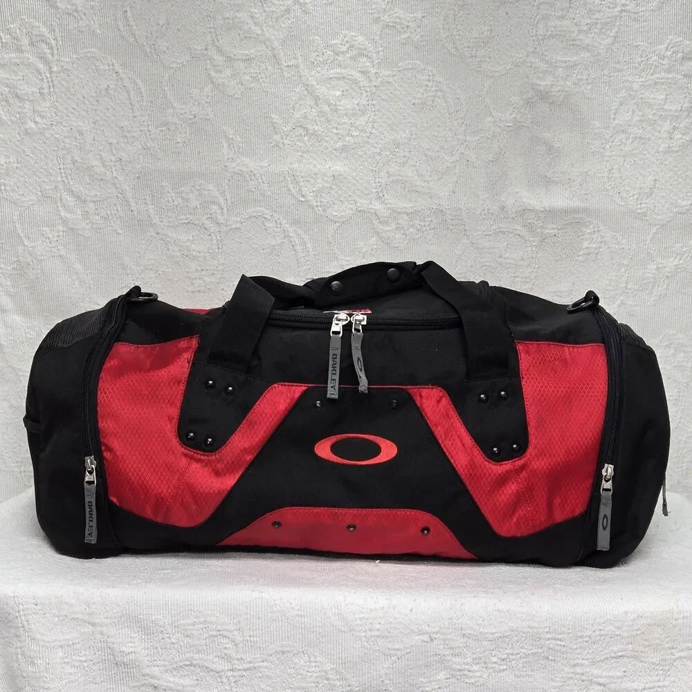Y2K Oakley Red Black Multi Pocket Duffle Gym Bag Workout  Embroidered Studded